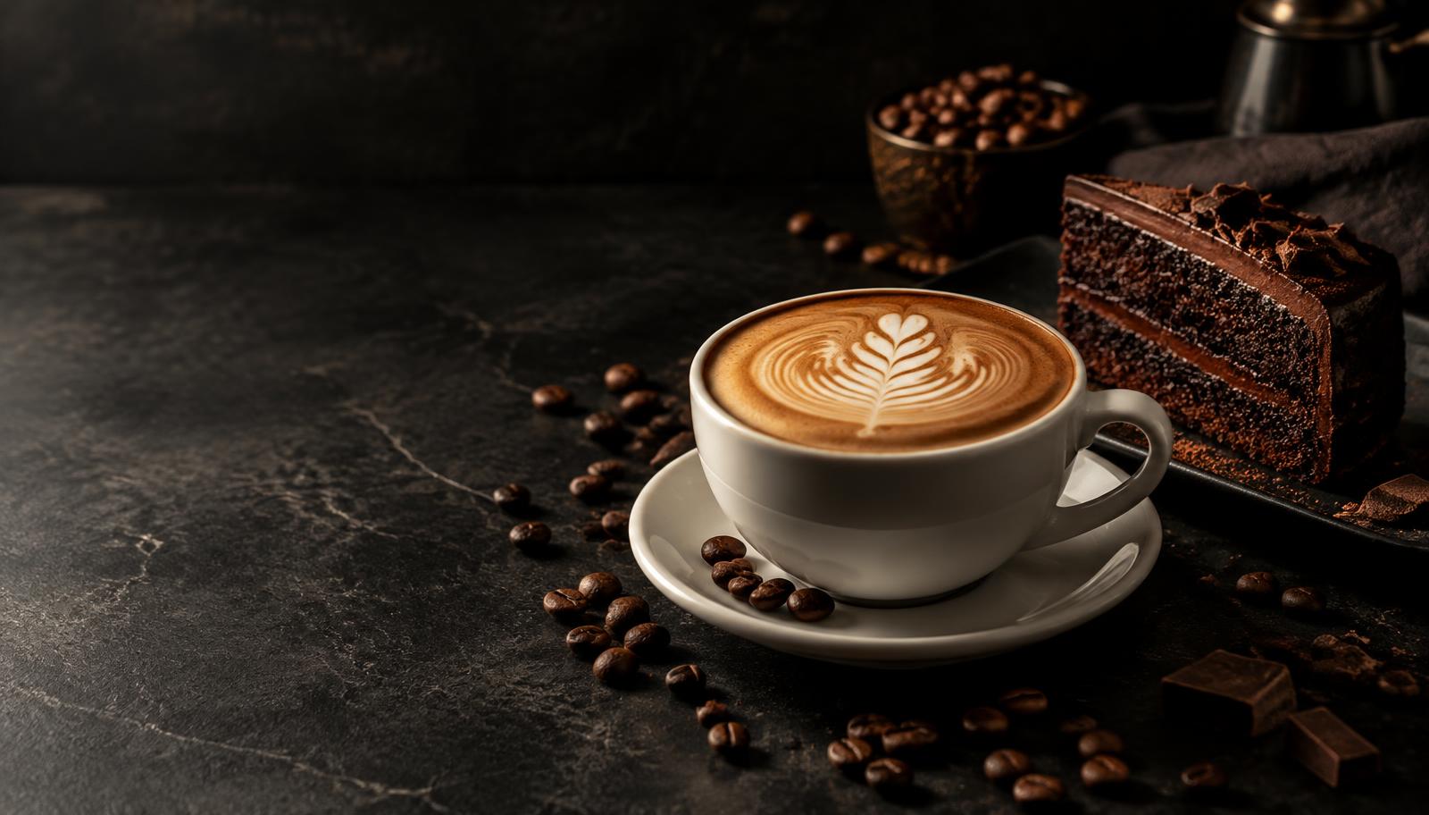 Latte art cappuccino with chocolate cake on dark slate