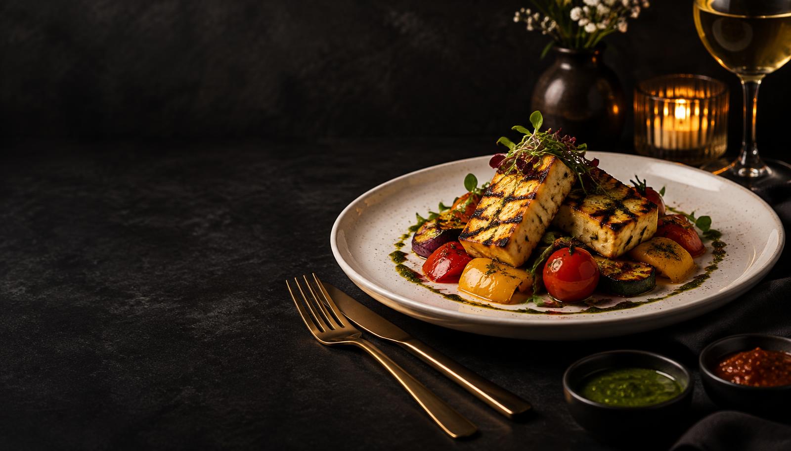 Grilled paneer with roasted vegetables on a white plate